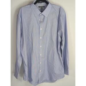 Dress Shirt Blue & White Striped Non-Iron Button Shirt Men's 18 Cotton Trim Fit